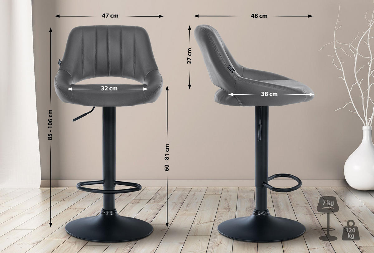 BARHOCKER 2er Set Milos Kunstleder B grau - Schwarz/Grau, Kunststoff/Metall (47/106/48cm) - TPFLiving