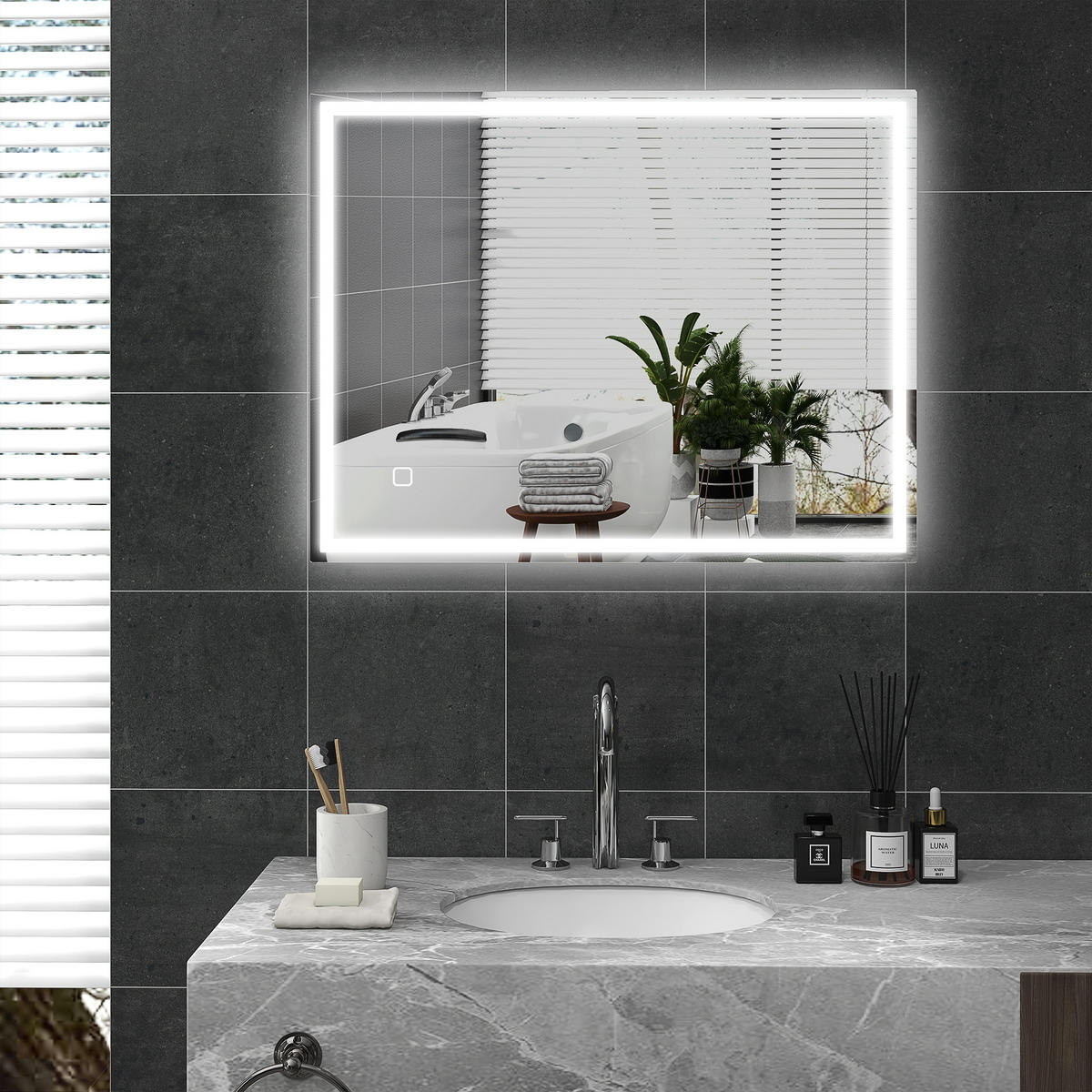 BADSPIEGEL mit Beleuchtung 90x70 cm LED Spiegel, Silber - Silberfarben, Glas (90/4/70cm) - HOMCOM