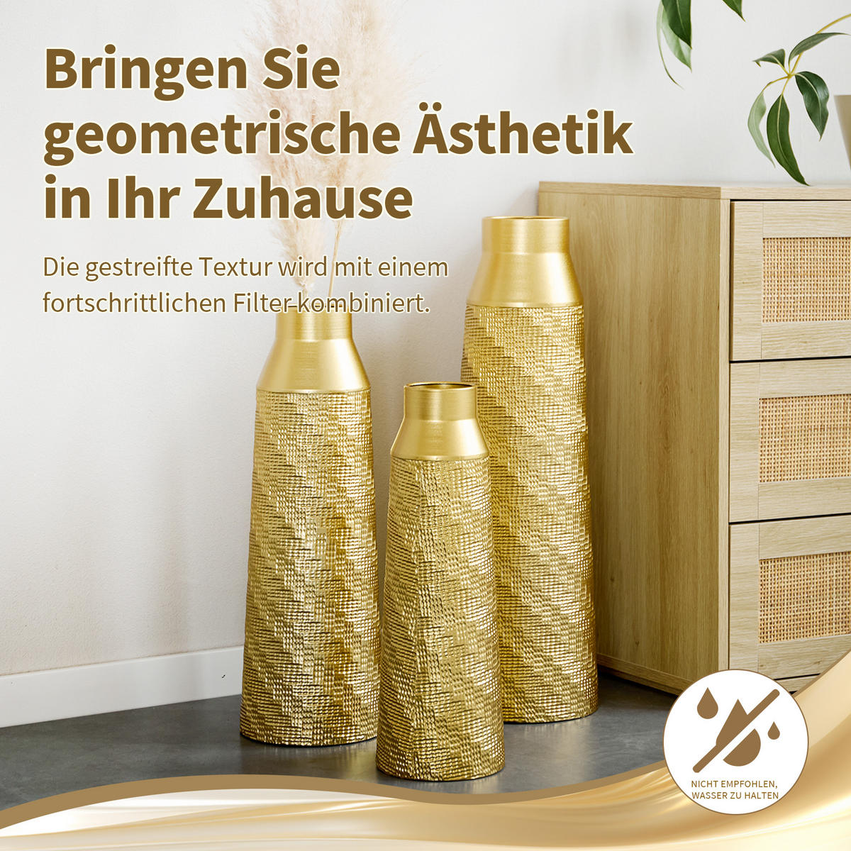 BODENVASE 3-tlg Metallvase Gold 43,5-61cm-Bodenvase mit Textur für Trockenblumen - Weiß, Metall (66.51cm) - Raelunyi
