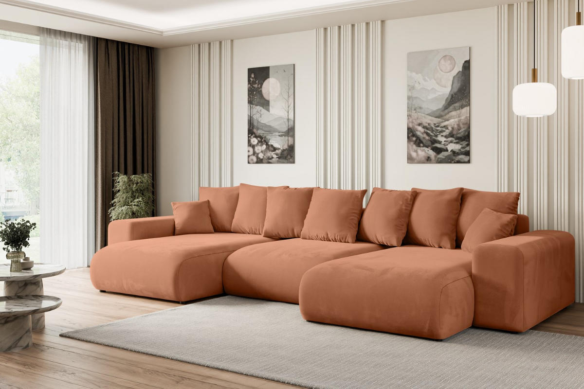 WOHNLANDSCHAFT mit Schlaffunktion und Bettkasten ESKAR-U -352x165x84cm Koralle Velours - Koralle/Schwarz, Holzwerkstoff/Kunststoff (352/84/165cm) - ALTDECOR