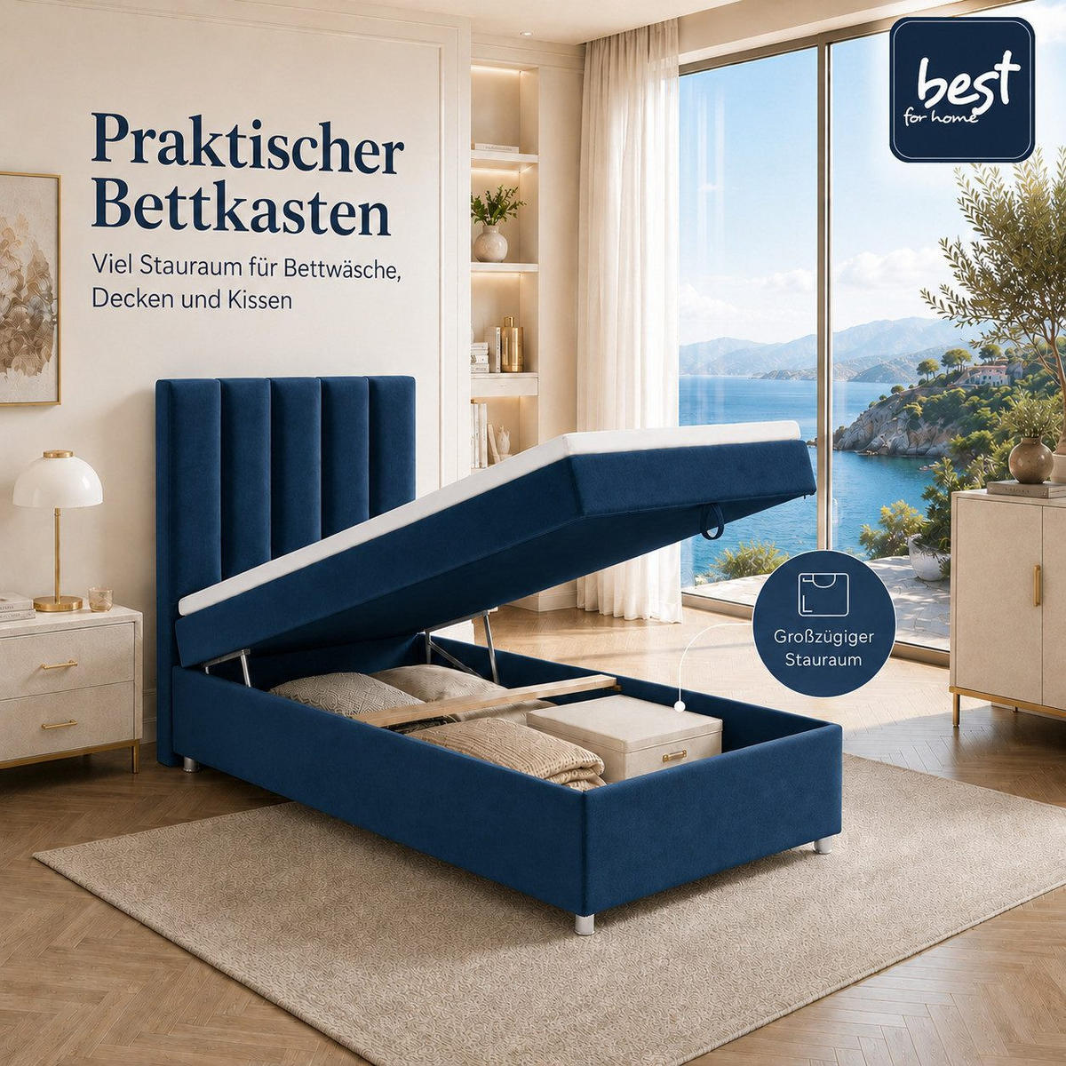 BOXBETT mit Bettkasten Trinity K-10 SINGLE Bonellfederkern inkl. Topper - Blau, Holz/Holzwerkstoff (90/200cm) - Best For Home