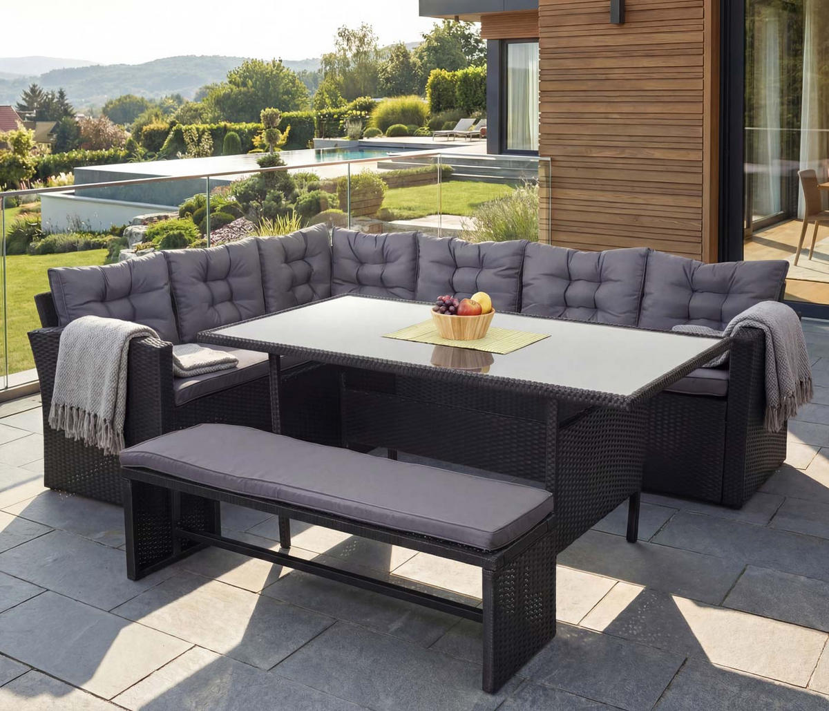 POLY-RATTAN-GARNITUR MIT BANK Schwarz 1 Eckbank, 1 Tisch, 1 Sitzbank-Set - Schwarz, Kunststoff - MCW