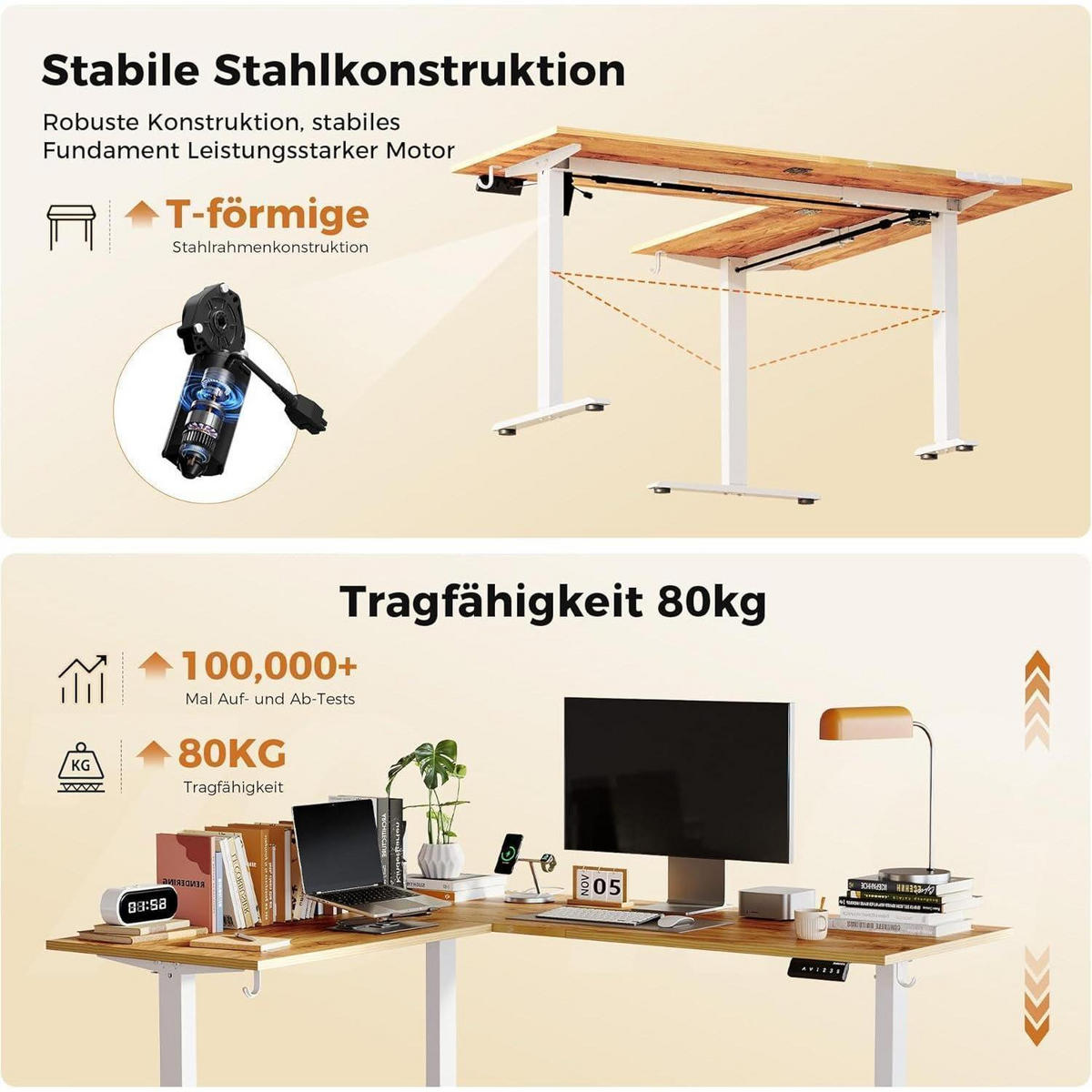 SCHREIBTISCH L-förmig Höhenverstellbar Elektrisch 190 x 155 cm Hellbraun - Braun, Holzwerkstoff (190/60/75cm)