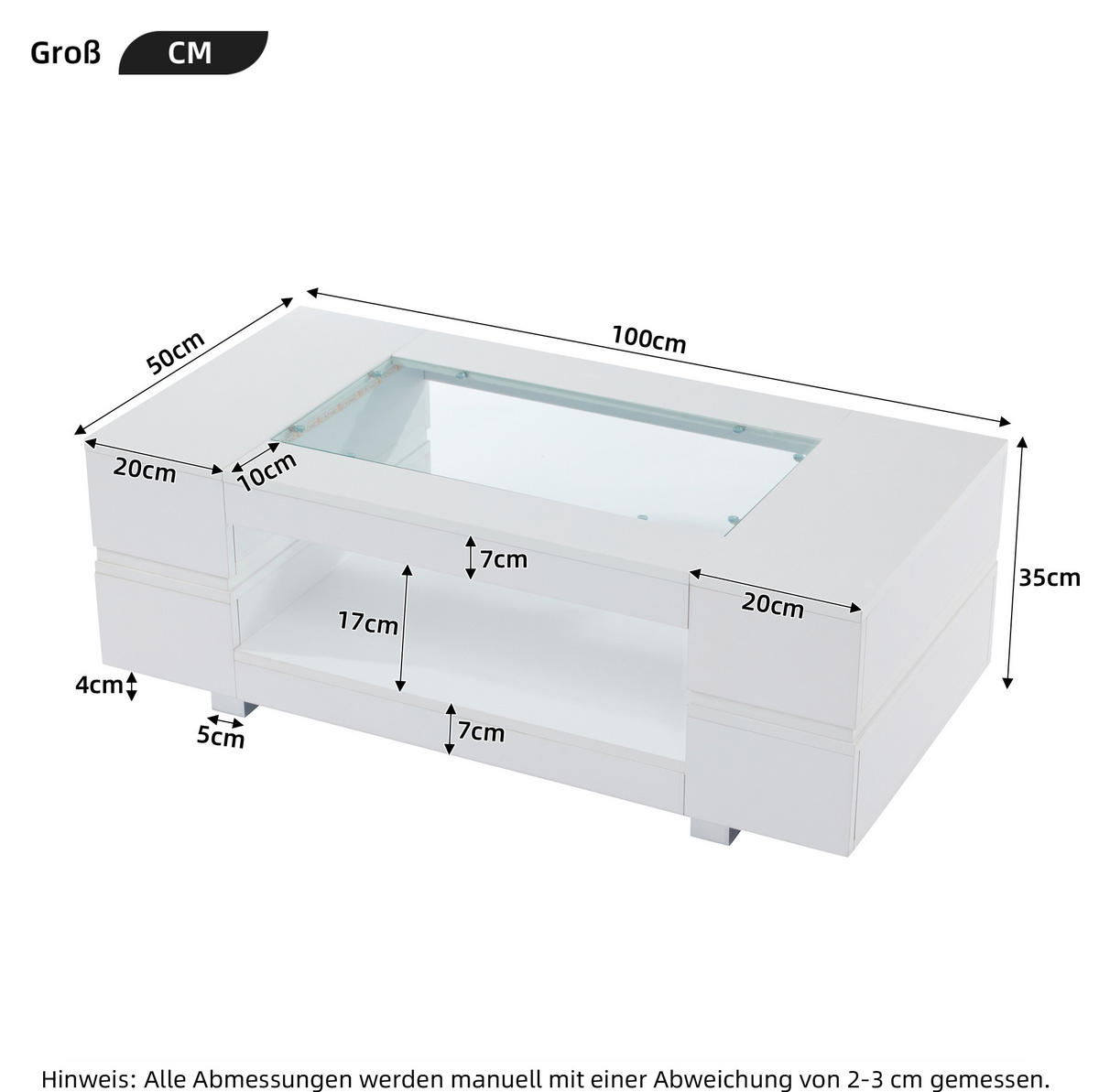COUCHTISCH 100/50/35 cm Weiß aus Spanplatte mit Glasplatte und LED-Beleuchtung - Weiß, Holzwerkstoff (100/50/35cm) - OKMYHOME