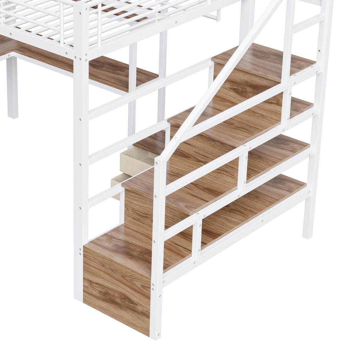 HOCHBETT 140/200 cm mit Eisenrahmen Weiß, Schreibtisch, Stauraumtreppe und LED-Licht - Weiß, Metall