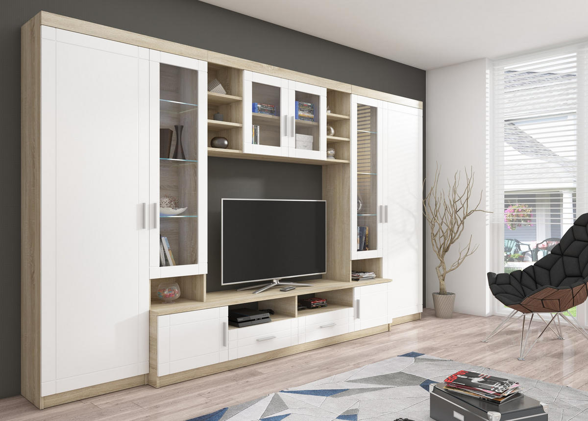 WOHNWAND Savanna mit TV-Lowboard, Vitrinen, 340x198 cm, sonoma, weiß - Weiß/Sonoma Eiche, Metall (50/198/340cm) - Margaret Hadas24