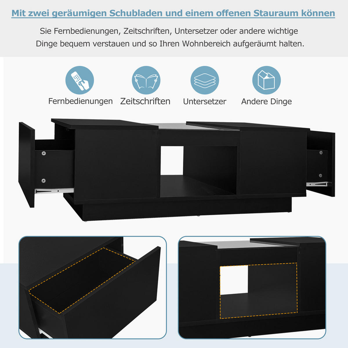 COUCHTISCH 100x50cm Schwarz LED App Glas 2 Schubladen 1 Fach Modern - Schwarz, Holz (106/60.5/17cm) - FLIEKS