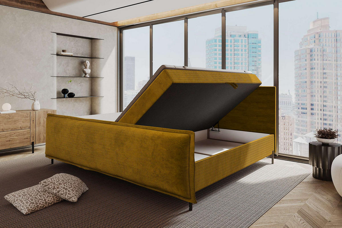 FAMILIENBETT BOXSPRINGBETT VERO PLUS Cordstoff Goldfarben 240/200 cm - Goldfarben/Schwarz, Holzwerkstoff/Textil (240/200cm) - 99rooms