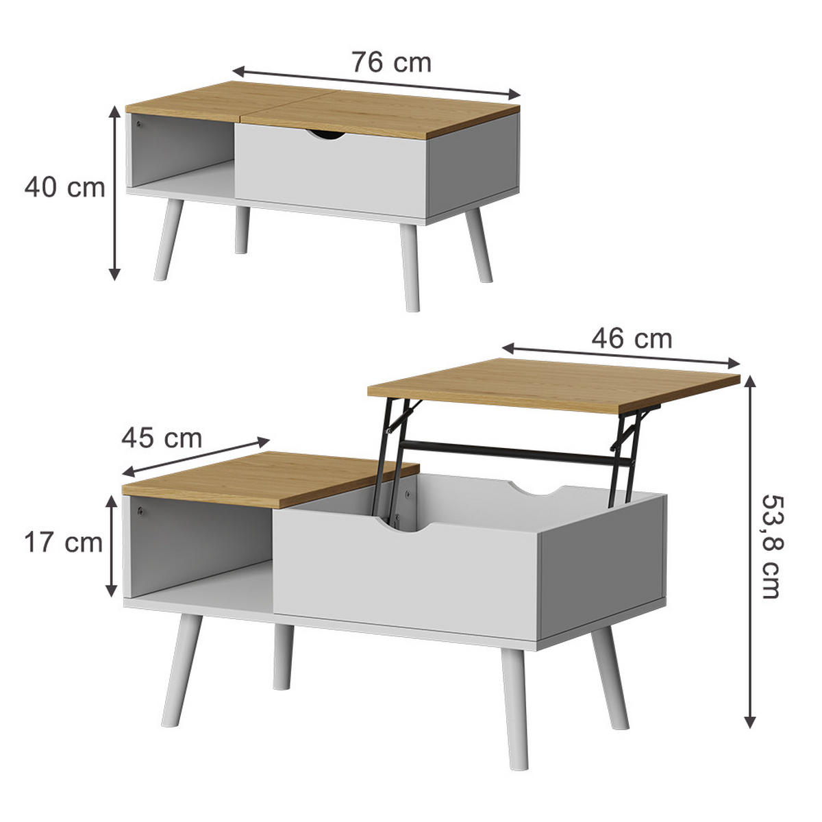 COUCHTISCH Stora Weiß/Eiche 76 x 45 cm mit Liftfunktion - Eichefarben/Weiß, Holzwerkstoff (45/76/40cm) - Vicco