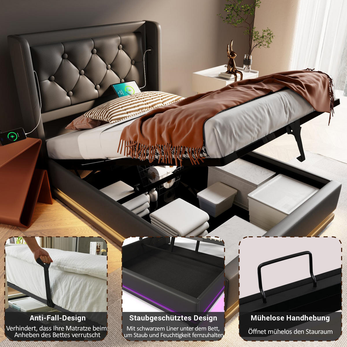 POLSTERBETT 90/200 cm in Schwarz mit Bettkasten, LED und USB und Type-C - Schwarz, Holzwerkstoff/Textil (90/200cm) - WISHDOR