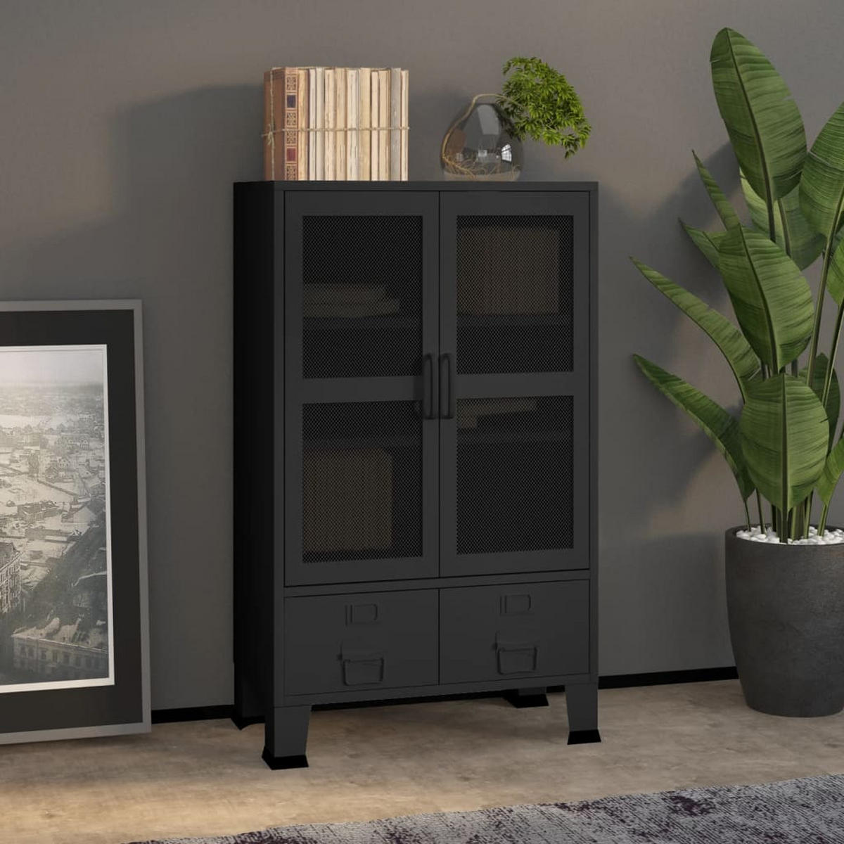 HIGHBOARD mit 2 Schubladen und 2 Maschengitter-Türen, 70/40/115 cm, aus Metall, Schwarz, im Industriestil - Schwarz, Metall (70/115/40cm) - vidaXL