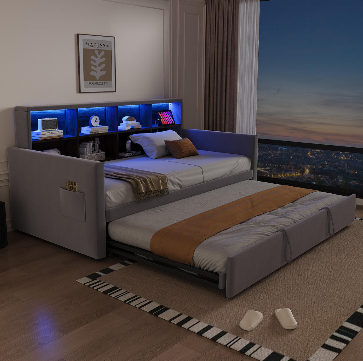 POLSTERBETT 90/190 cm aus Samt mit Ausziehbett, LED und Kopfteil-Staufächern Hellgrau - Hellgrau, Textil (90/190cm) - Modenvie