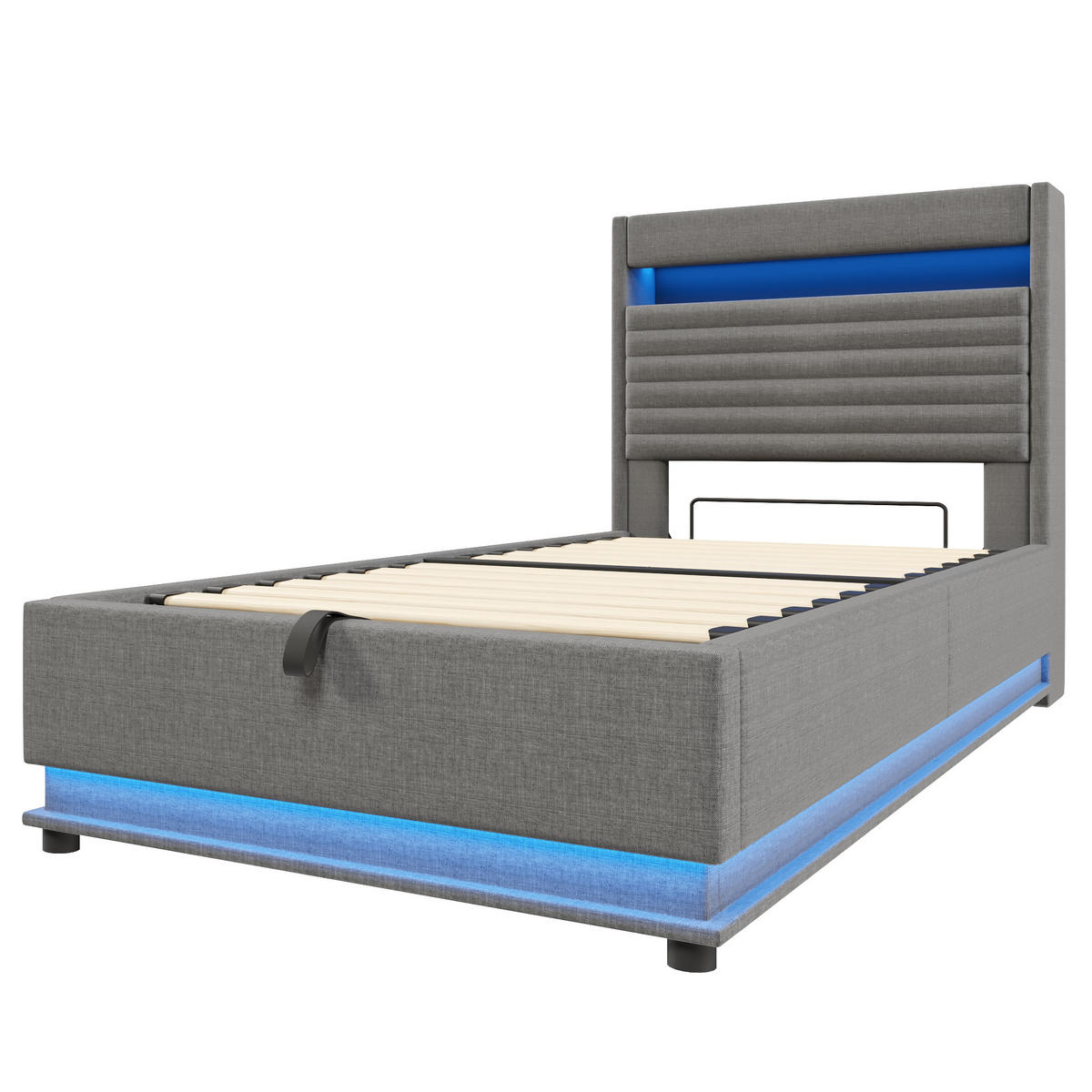POLSTERBETT 90/200 cm Grau mit USB-Typ-C-Anschluss, LED-Beleuchtung und Ablagefach - Grau, Textil (90/200cm) - Oxeza