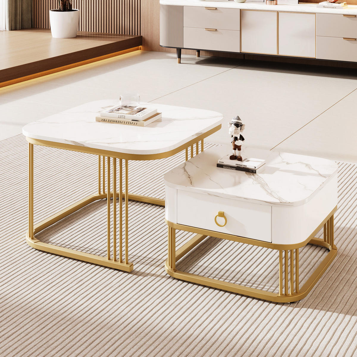 COUCHTISCH Stapelbar 2-tlg Hochglanz Marmoroptik Gold Akzente Schublade - Weiß, Holz (72/68/26.5cm) - FLIEKS