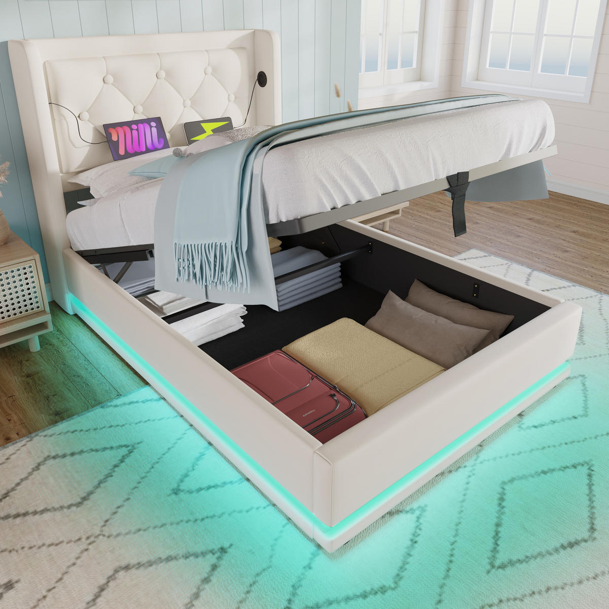 POLSTERBETT 90/200 cm Weiß PU mit hydraulischem Stauraum und USB-Anschlüssen - Weiß, Kunststoff (90/200cm) - OKWISH