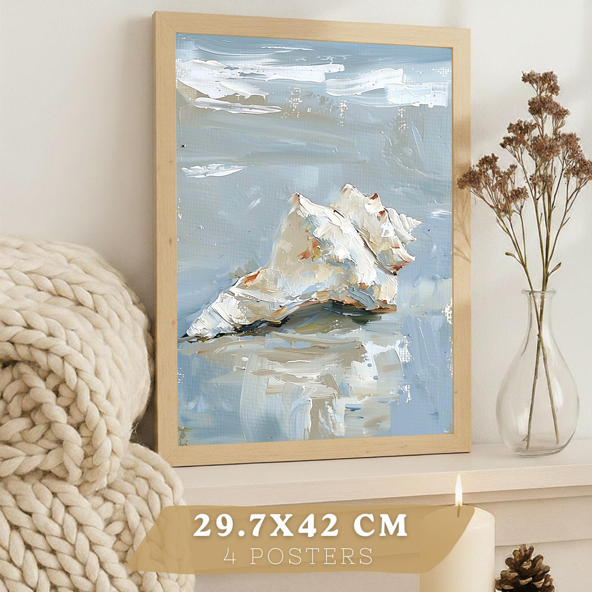 PLAKAT Sada 3 tisků s motivy pláže, moře a francouzské riviéry. Nástěnná dekorace. Mušle. Velikost Světlý dřevěný rám A3 - béžová, papír (29.7/42/3cm) - Nacnic