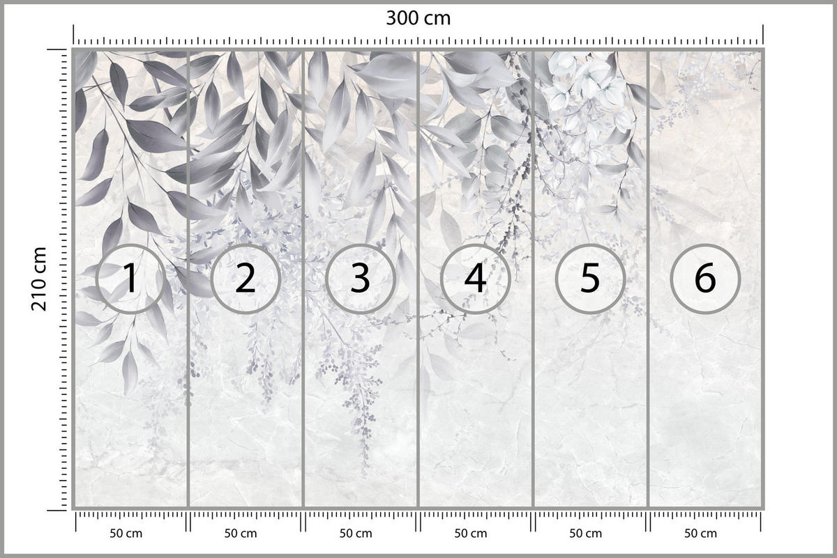 FOTOTAPETE für Schlafzimmer Subtile Rankenblätter Grau 300x210 - Weiß/Grau, Papier (300/210cm) - Muralo