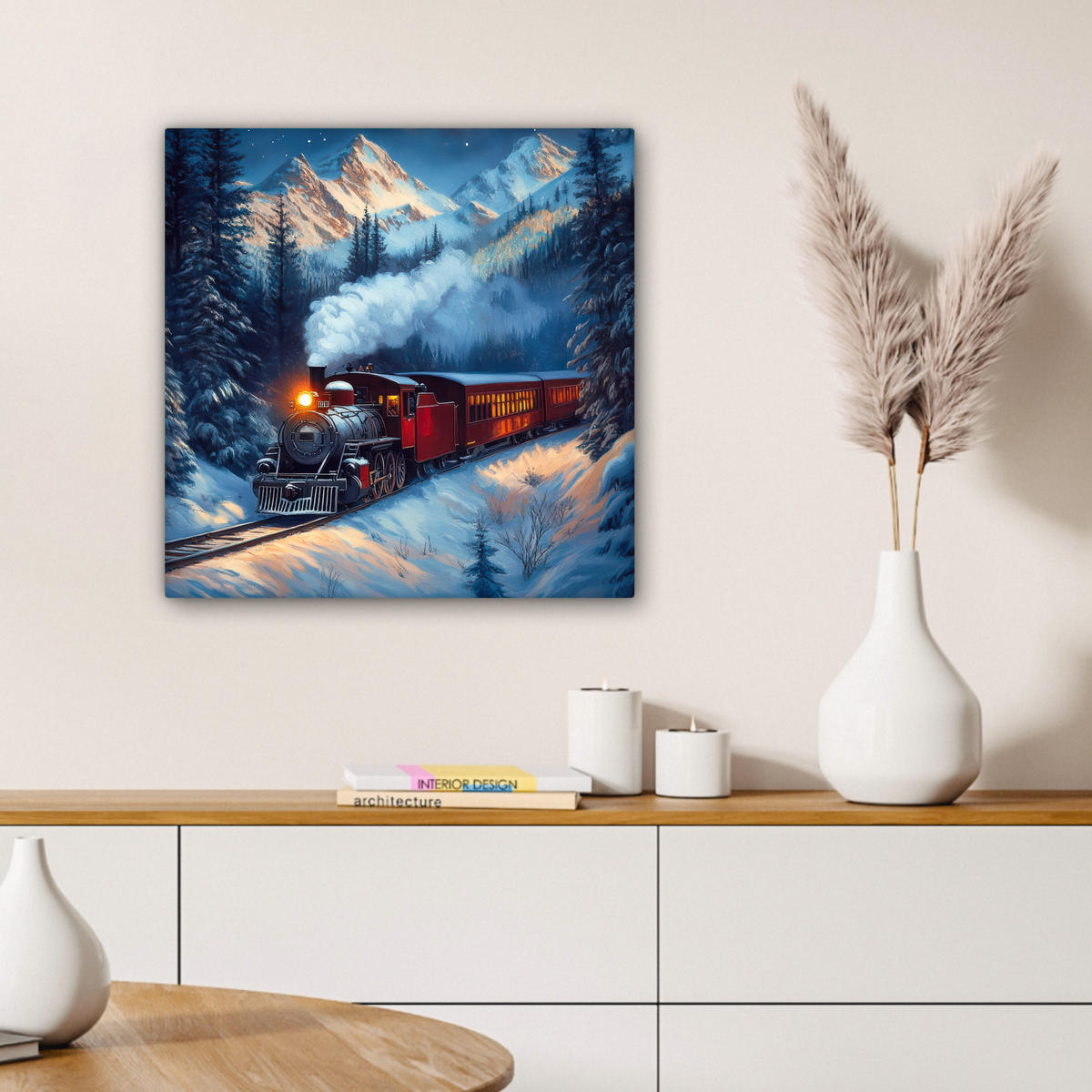 LEINWANDBILD Zug - Weihnachten - Schnee - Weihnachtszug Wandbild Wohnzimmer 50x50 cm - Anthrazit, Textil (50/50cm) - MuchoWow