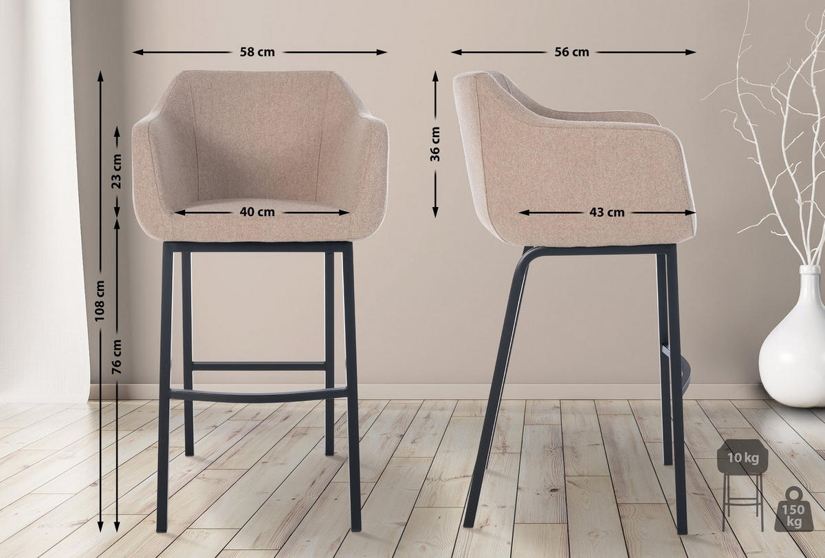 BARHOCKER Filz taupe - Taupe/Schwarz, Textil/Metall (58/108/56cm) - CLP