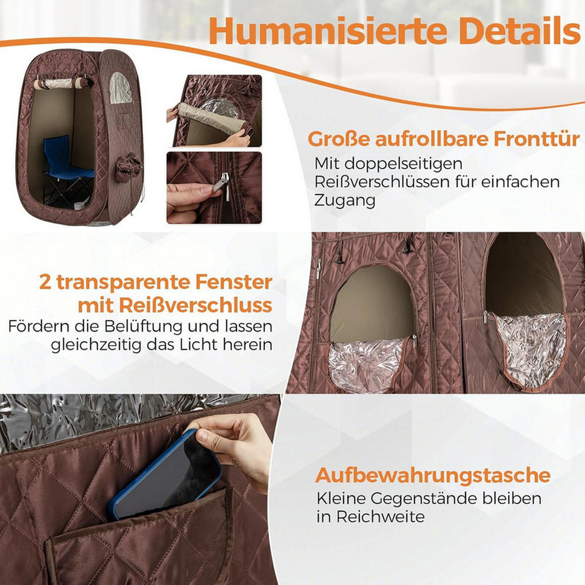 DAMPFSAUNA Tragbare braun - Braun, Textil (89/149/89cm) - COSTWAY