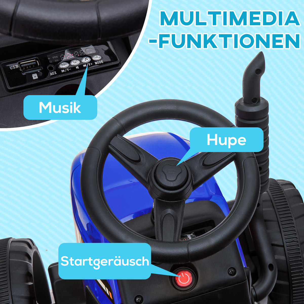 KINDER ELEKTROAUTO, Blau/Grün/Rot, Kunststoff+ Metall - Blau, Metall (136.5/50/52.5cm) - HOMCOM