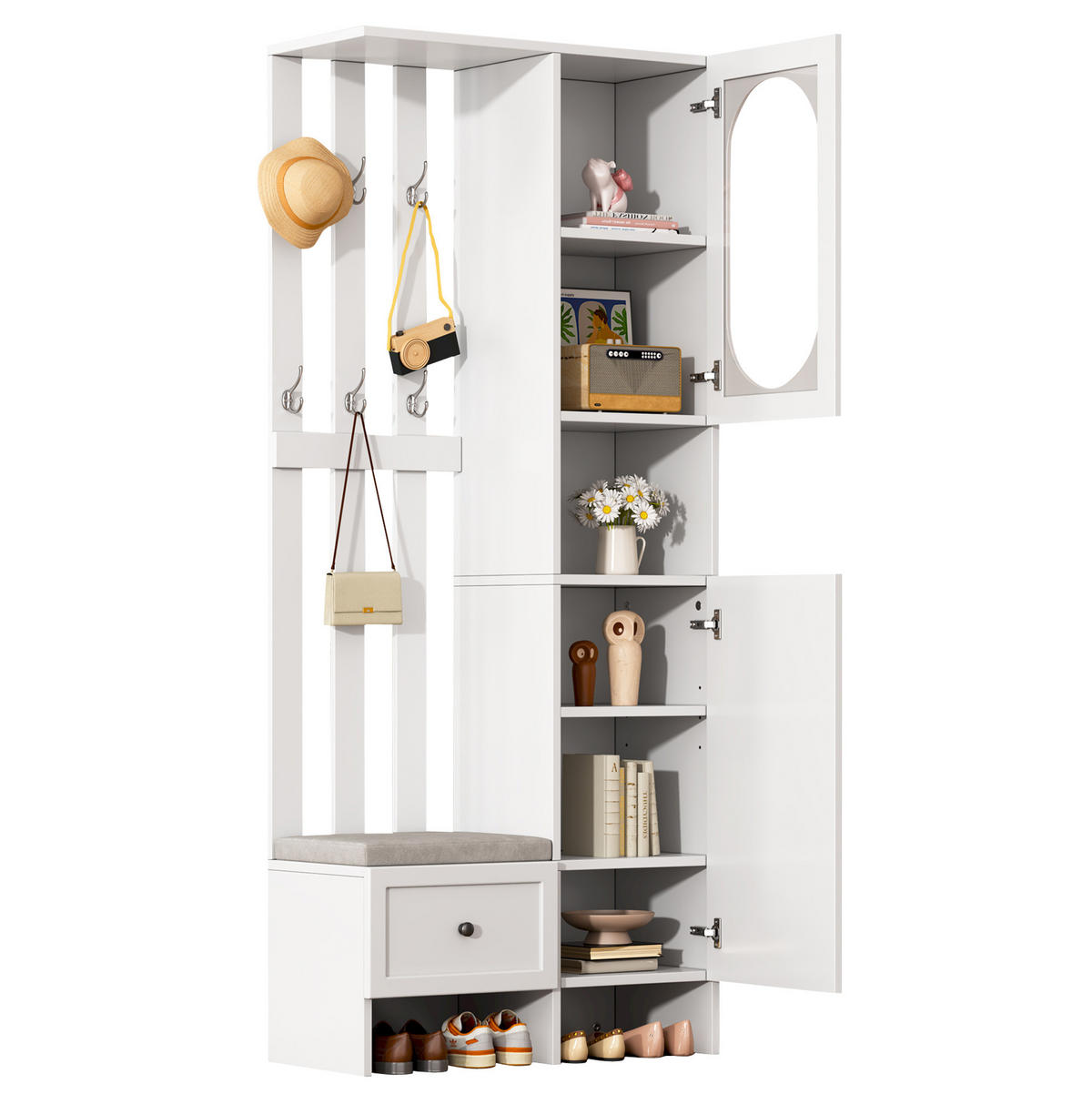 KOMPAKTGARDEROBE 85/33,5/200 cm aus Spanplatte mit gehärtetem Glas und Schuhbank Weiß - Weiß, Holzwerkstoff (33.5/200/85cm) - Modenvie