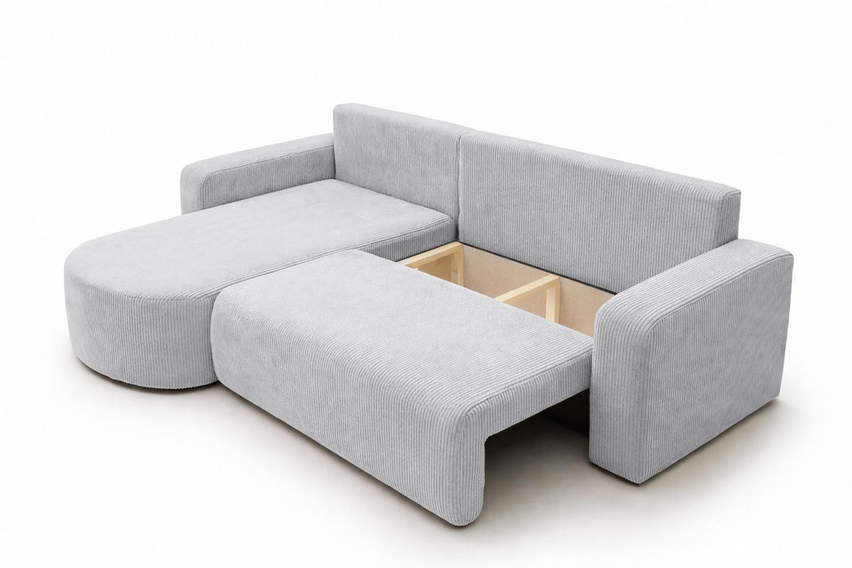 ECKSOFA Mit Schlaffunktion, Cordstoff Poso, Hellgrau, Links, ROUND ONE XL - Hellgrau, Holz (271/175cm) - Kaiser Möbel