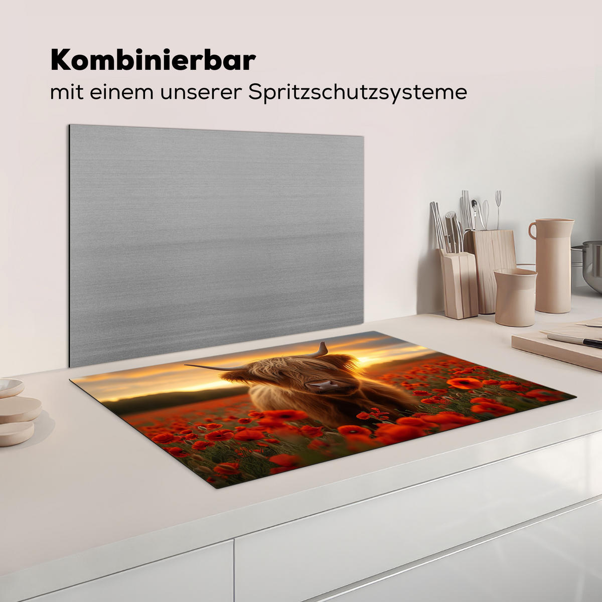 HERDABDECKPLATTE Schottische Highlander - Rosen - Blumenfeld - Sonnenuntergang Ceranfeldabdeckung 80x52 cm - Rotbraun, Kunststoff (80/52/0.2cm) - MuchoWow