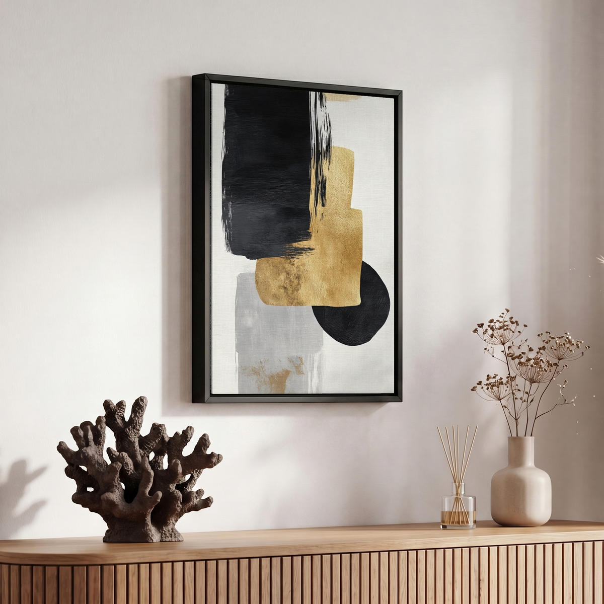 LEINWAND Bilder mit Rahmen - Gold - Rechtecke - Kreise - Abstrakt - 20x30 - Weiß, Textil (20/30cm) - MuchoWow