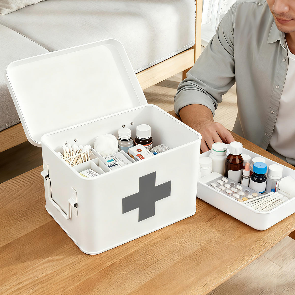 MEDIZINBOX Weiß Grau Metall 4 Fächer entnehmbarer Einsatz Größe M - Weiß, Metall (21/16/15.5cm) - Relaxdays