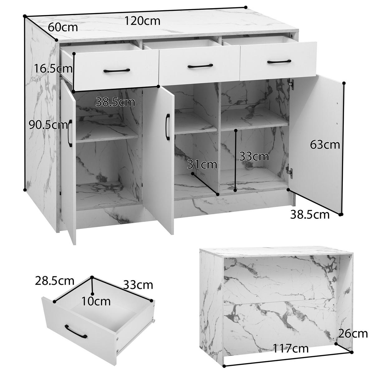 KÜCHENINSEL 120x60x90.5cm Weiß Marmoroptik mit Barbereich,3 Schubladen & Schränken - Weiß, Holzwerkstoff (120/90.5/60cm) - Modfu