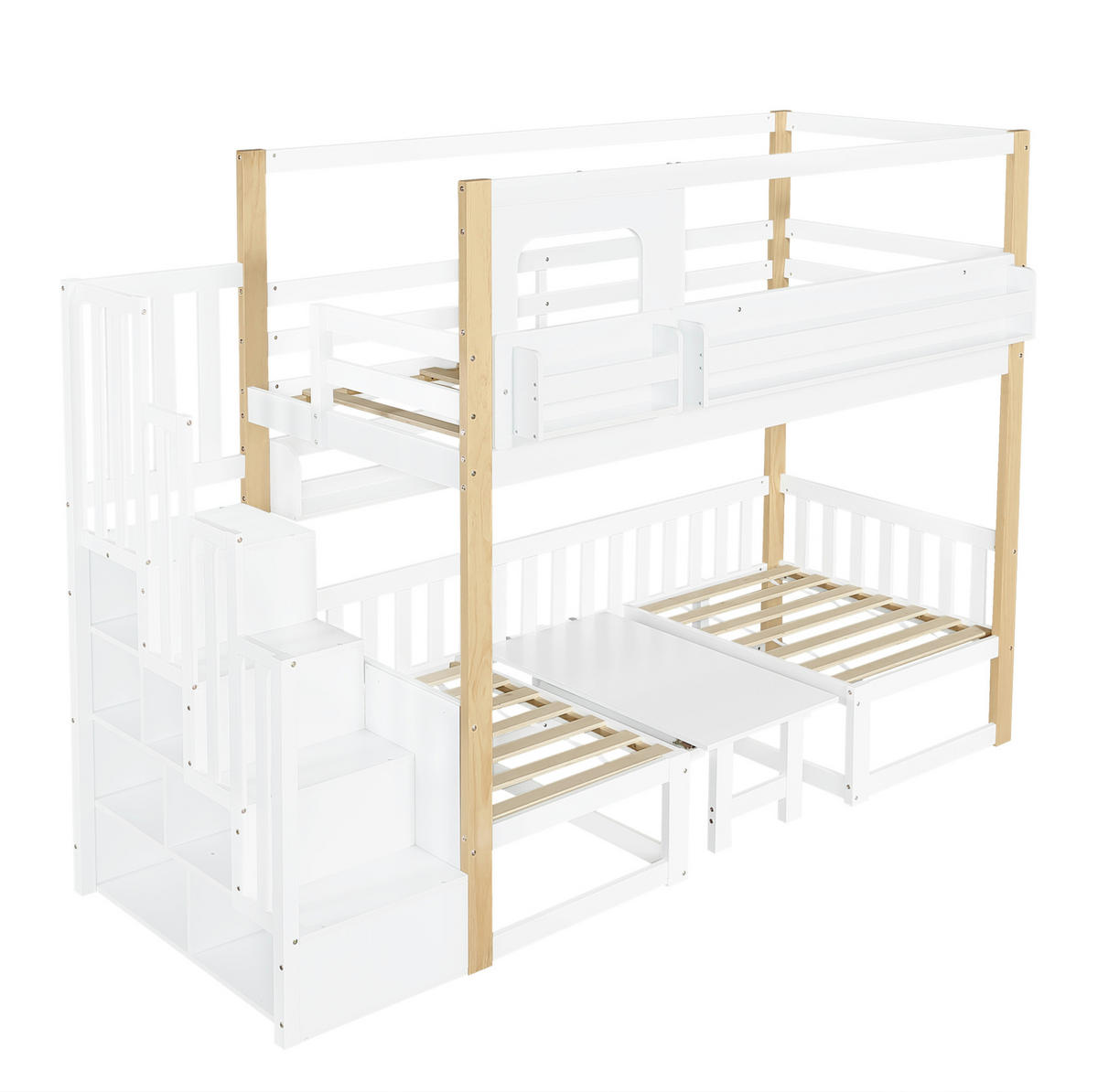 ETAGENBETT 90/200 cm weiß/natur aus Kiefer und MDF mit Klapptisch - Weiß, Holz (90/200cm) - OKWISH