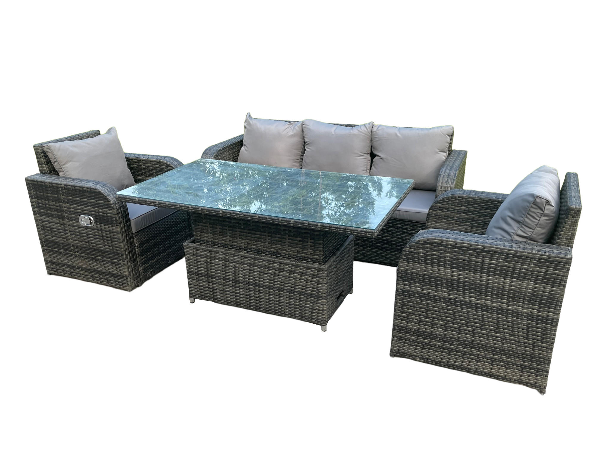 GARTENMÖBELSET Polyrattan 5-Sitzer - Dunkelgrau/Grau, Glas/Kunststoff - Fimous