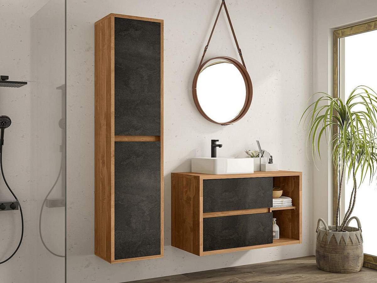 BADSCHRANK - 40 cm x 33 cm - Holz, Platte - Anthrazitgrau, Naturfarben Hell - TIKITIKI - Anthrazit/Naturfarben, Holz (40/170/33cm) - Vente-Unique