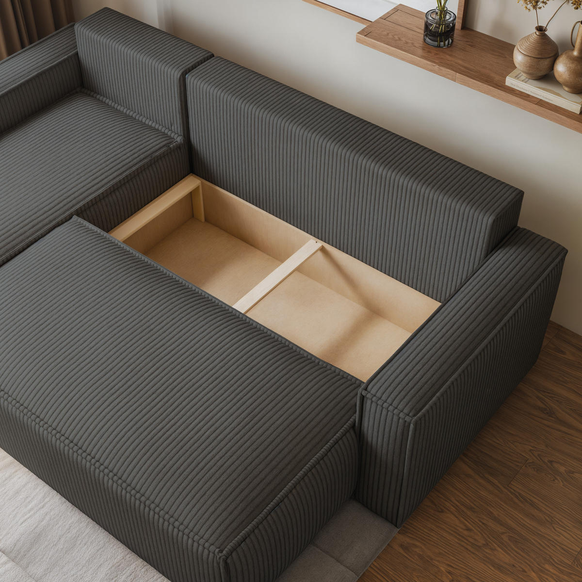 ECKSOFA RAVELO P Graphitfarben Kordstoff mit Schlaffunktion - Graphitfarben, Holz (240/140cm) - MASSENO