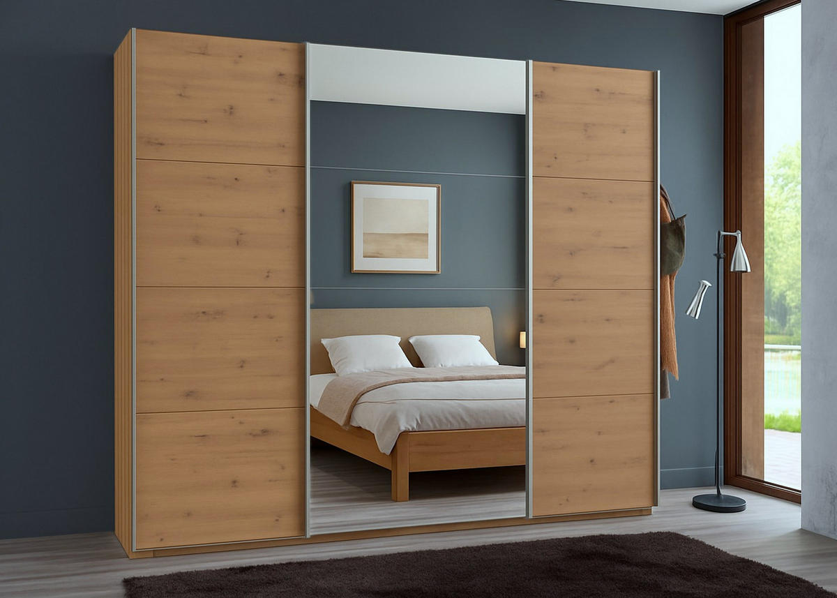 SCHWEBETÜRENSCHRANK 3-türig extrahoch in Eichendekor, eine Tür mit Spiegel, B225/H236/T64 cm / 22541 - Eichefarben/Alufarben, Holzwerkstoff/Metall (225/236/64cm) - luma-home