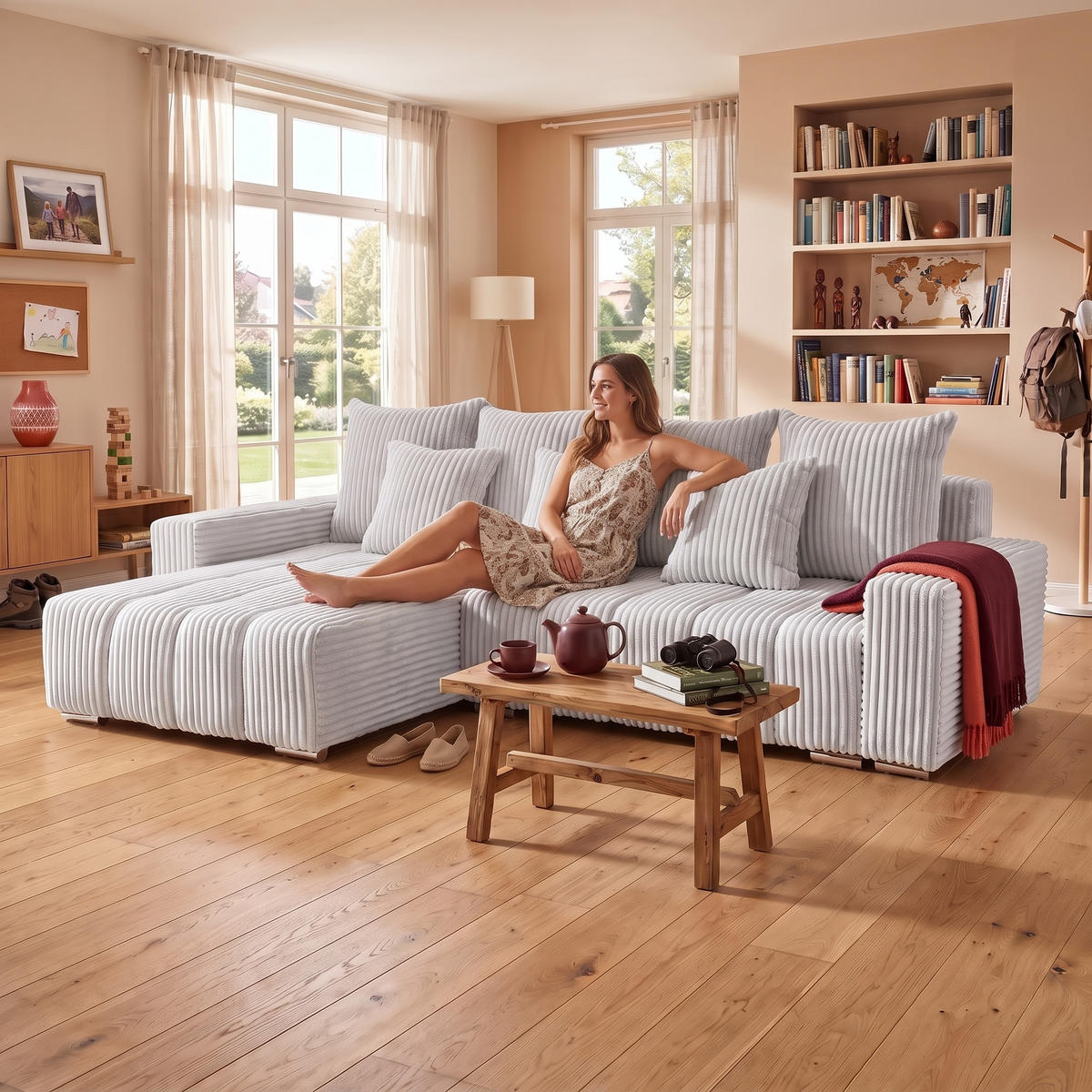 ECKSOFA PIANO L Links mit Schlaffunktion 137x234 Cord Hellgrau - Silberfarben/Hellgrau, Holz/Textil (278/178cm) - Muffo