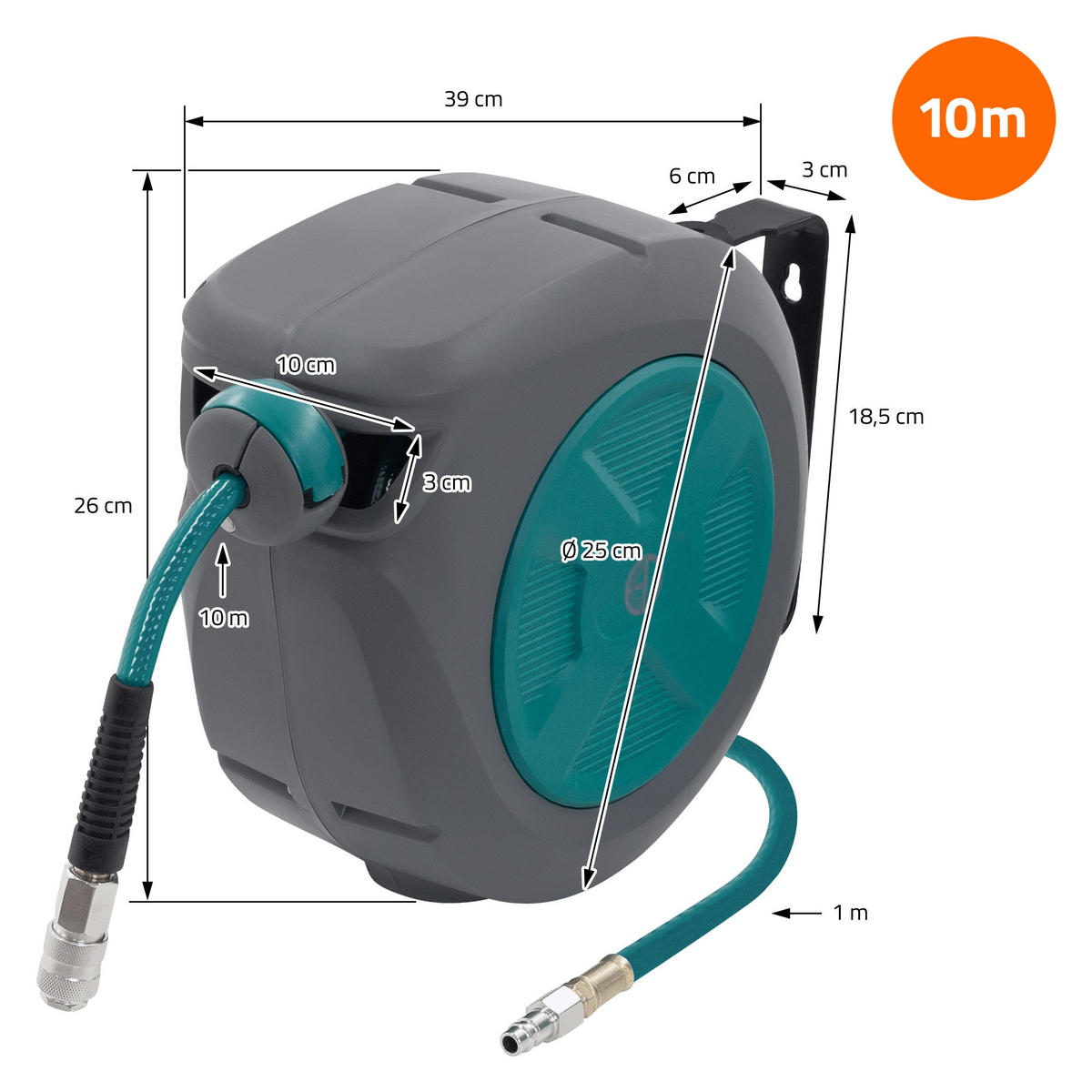 DRUCKLUFTSCHLAUCHTROMMEL 10m+1m - Grau, Kunststoff (14/26/39cm) - ECD-Germany