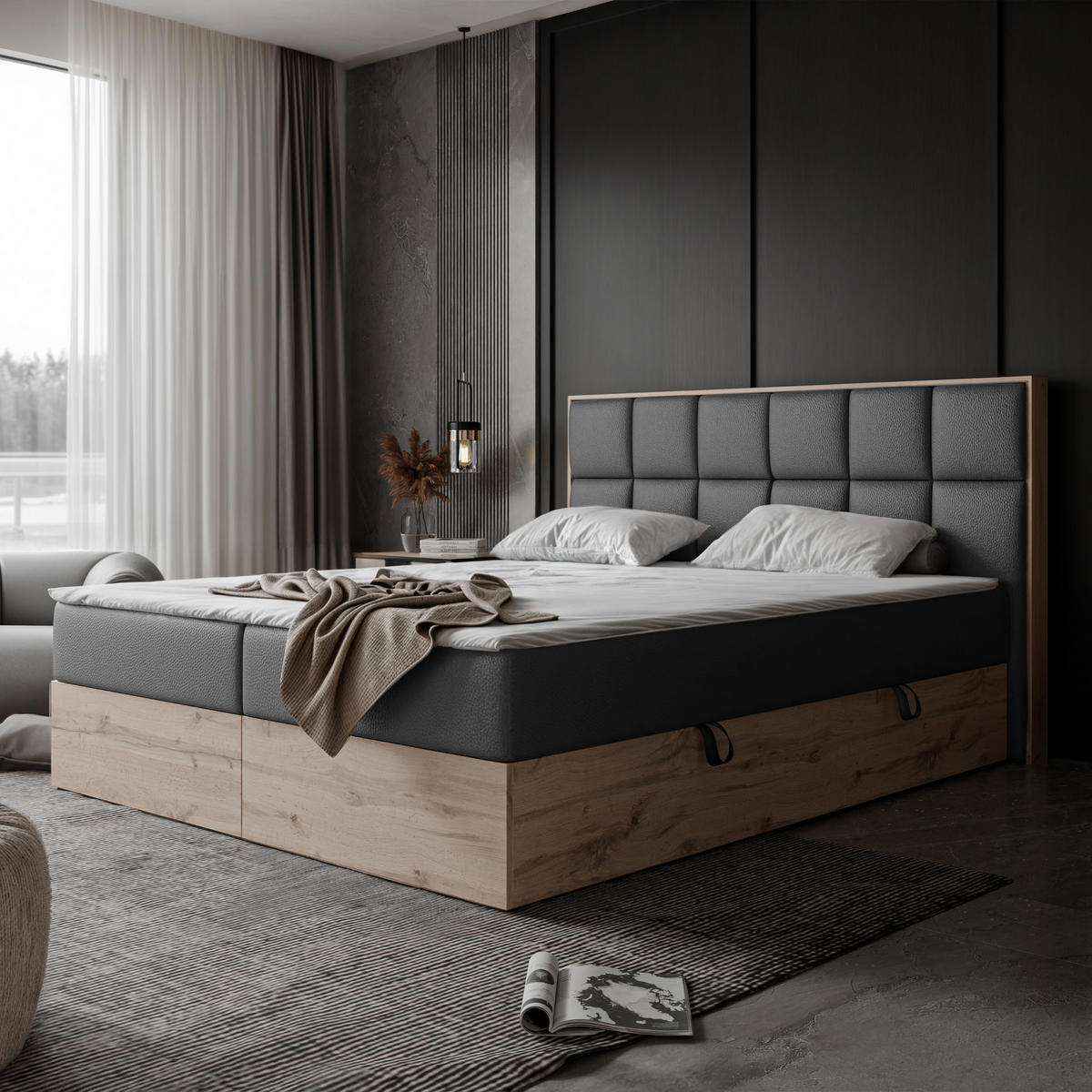 BOXBETT LAVIO II 160/200 cm, in Schwarz, mit Matratze und Topper - Schwarz, Holzwerkstoff/Textil (160/200cm) - Idohome