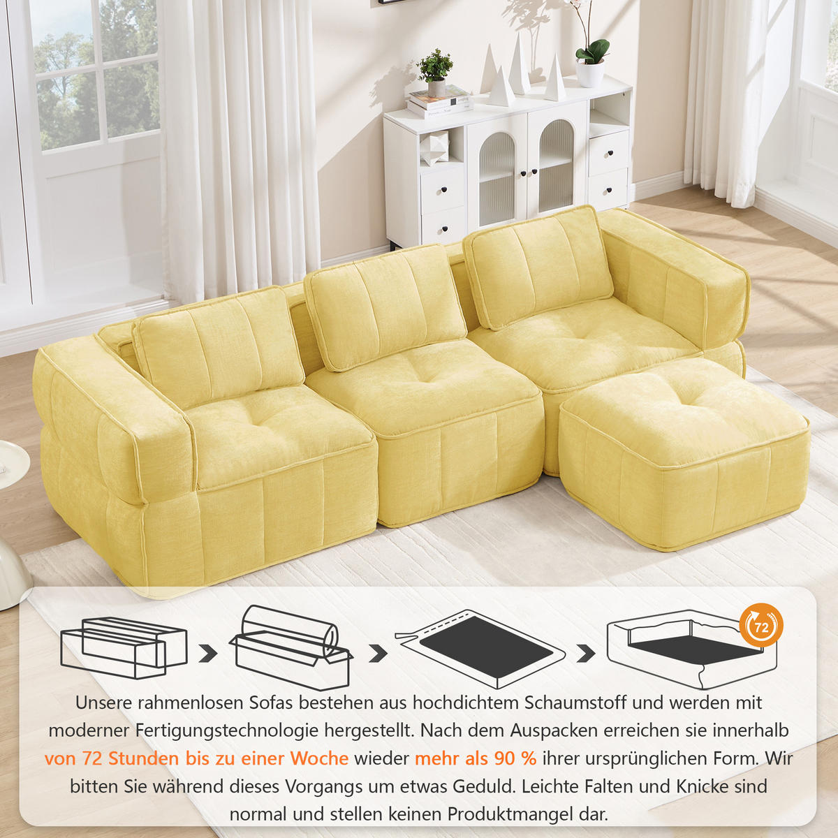 ECKSOFA 271/162/67 cm Gelb mit 1 Fußhocker - Gelb, Textil (271/162cm) - Oxeza