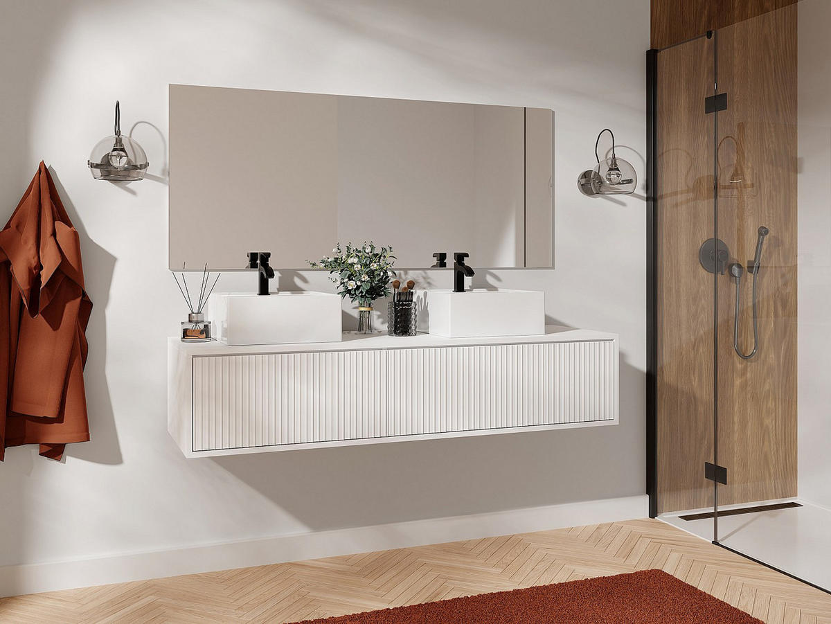 DOPPELWASCHTISCH - 150 cm x 47 cm - Holz, Platte - Weiß - ARNEGA - Weiß, Holz (150/32/47cm) - Vente-Unique
