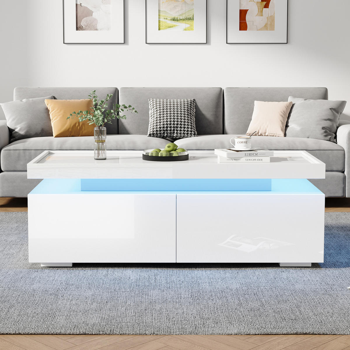 KONFERENČNÍ stolek 95/45/35 cm bílý, s LED osvětlením a 2 zásuvkami - bílá, kompozitní dřevo (95/45/35cm) - BEAOK