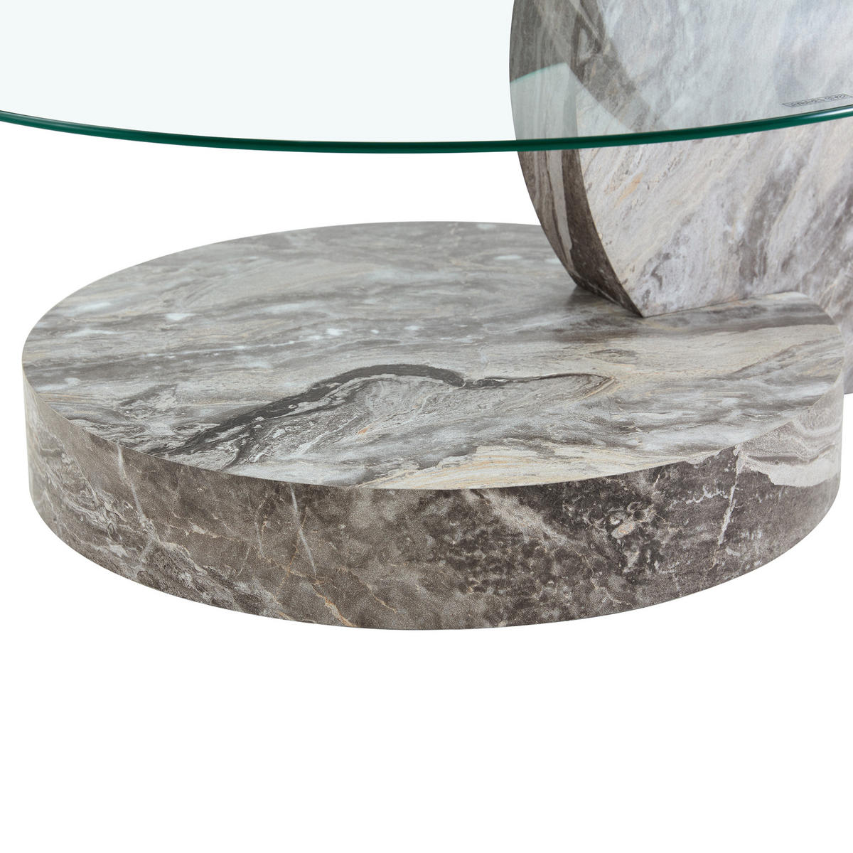 COUCHTISCH 90/70/44 cm mit 2 Ebenen und Sicherheitsglas, runder Wohnzimmertisch in Marmoroptik, Grau/Transparent - Transparent, Holzwerkstoff (90/70/44cm) - Redom