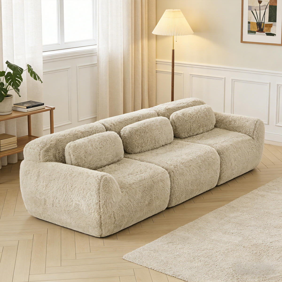 COUCHTISCH mit Stauraum, Holzwerkstoff und Rattan, Braun - Beige, Textil (291/104/73cm) - Meubles Cosy
