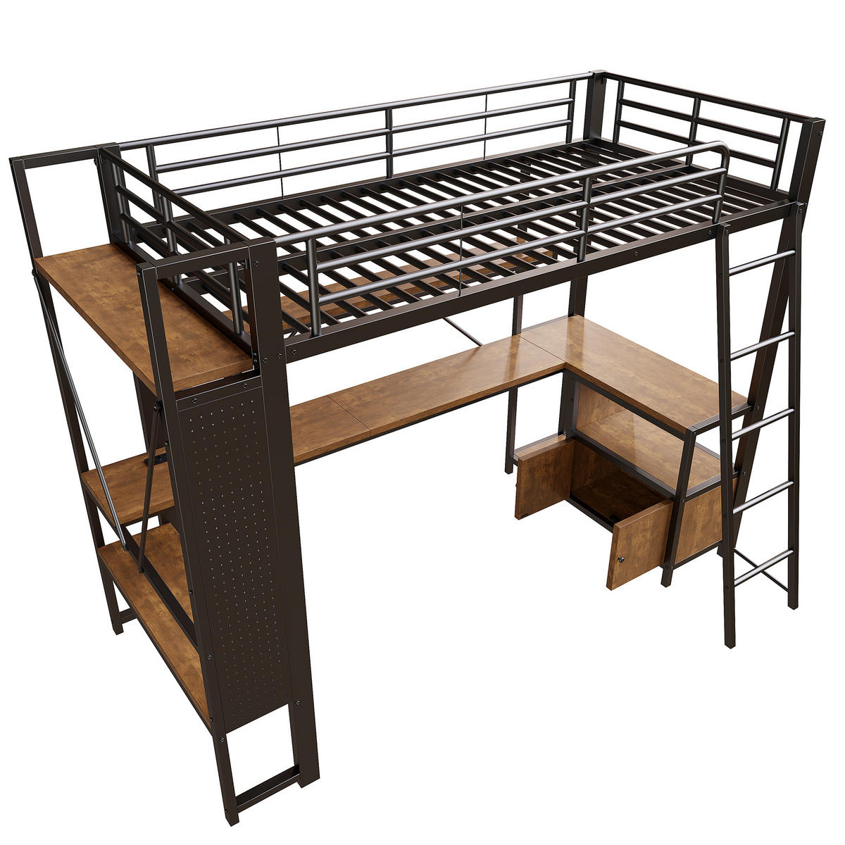 HOCHBETT mit Schreibtisch und Stauraum 90x200 cm Metall Schwarz - Schwarz, Metall (90/200cm) - Meubliv