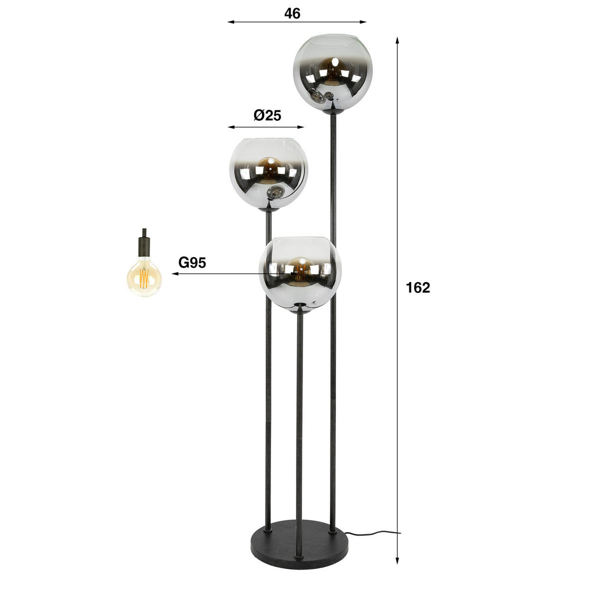 STEHLAMPE Bubble - Schwarz - 46/46/162 cm - Schwarz, Metall (46/46/162cm) - Hoyz Collection