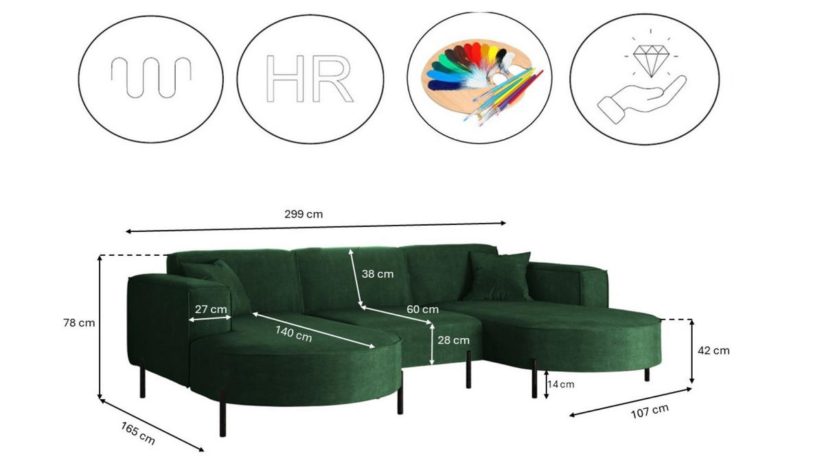 ECKSOFA U-Form Designer Modena Rein Stoff Noel Grün - Waldgrün, Holz (165/299cm) - Kaiser Möbel