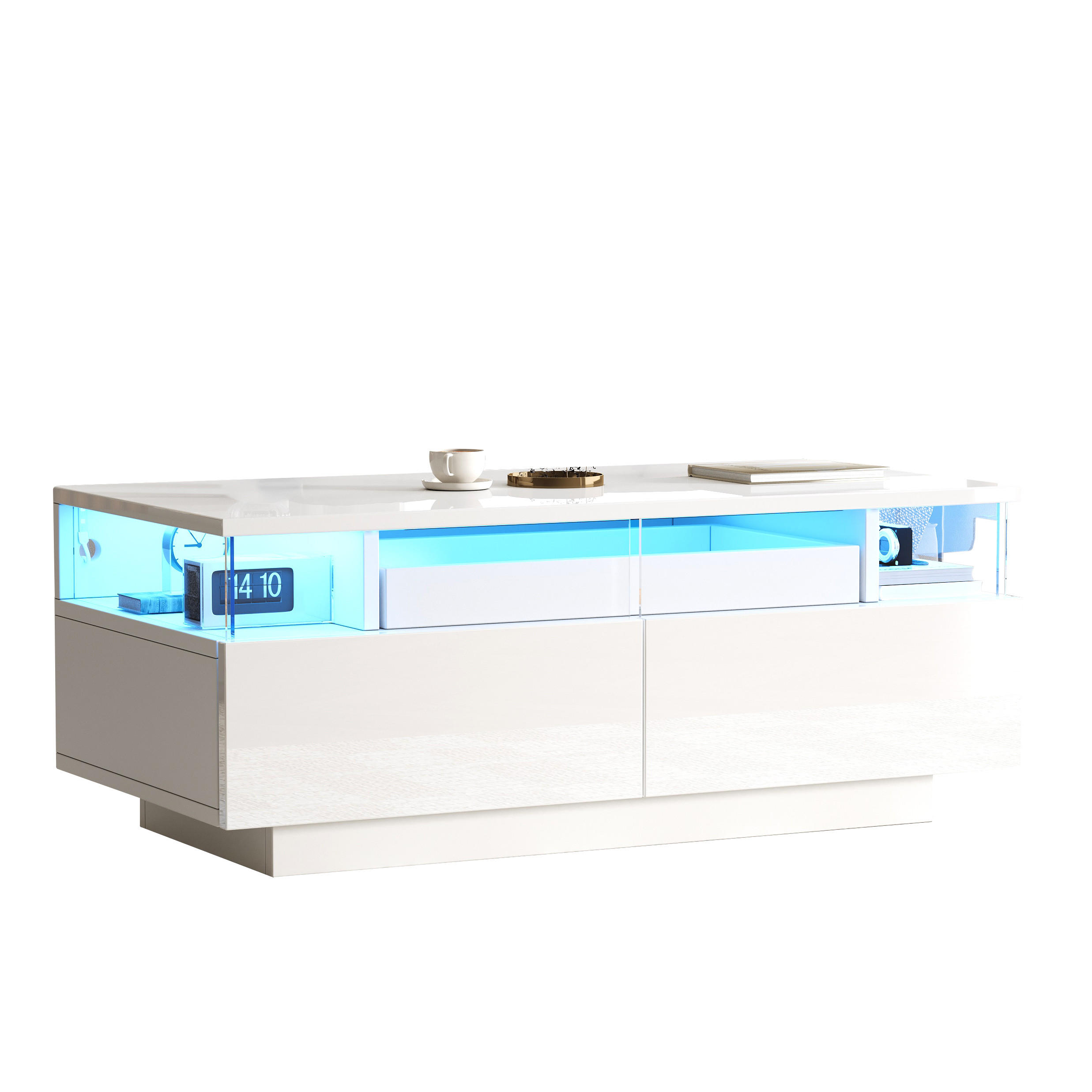 KLUB-STOLIĆ 90/45/35,5 cm, u bijeloj boji, s LED rasvjetom, pladanj i 2 ladice - bijela, staklo/drvni materijal (45/90/35.5cm) - CHICFURN
