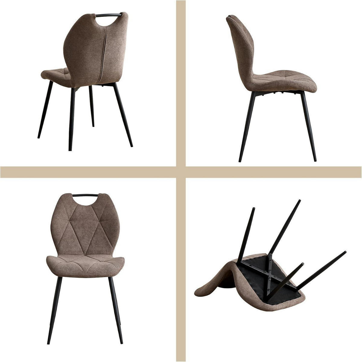 ESSZIMMERSTUHL 8er-Set Braun Skandinavisch Stoff Metallbeine Rautenmuster Griff - Braun, Textil (44/86/48cm)