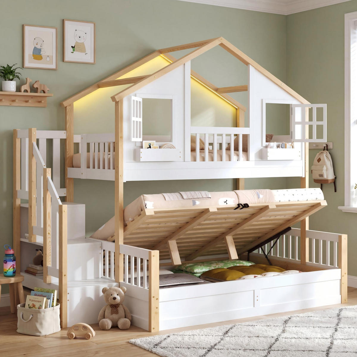ETAGENBETT 90/200 cm & 140/200 cm in Weiß & Natur mit Stauraumtreppe und LED - Weiß/Naturfarben, Holzwerkstoff/Metall (140/200cm) - WISHDOR